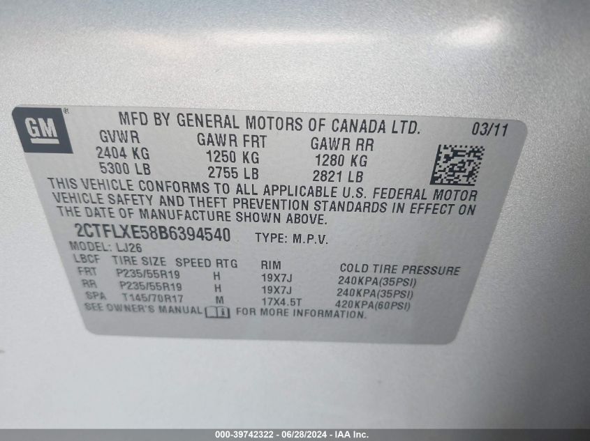 2011 GMC Terrain Slt VIN: 2CTFLXE58B6394540 Lot: 39742322