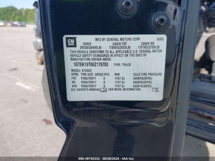 2006 GMC Sierra 1500 Slt VIN: 1GTEK19T86Z179783 Lot: 39742333