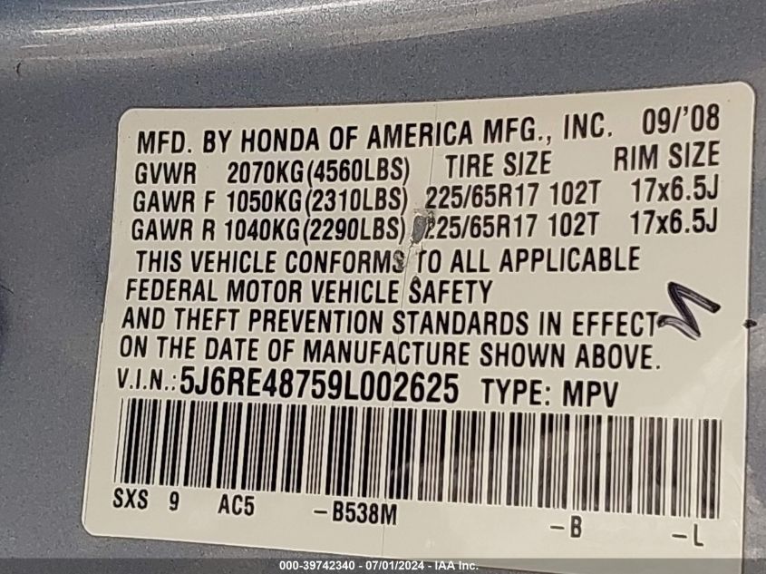 2009 Honda Cr-V Ex-L VIN: 5J6RE48759L002625 Lot: 39742340