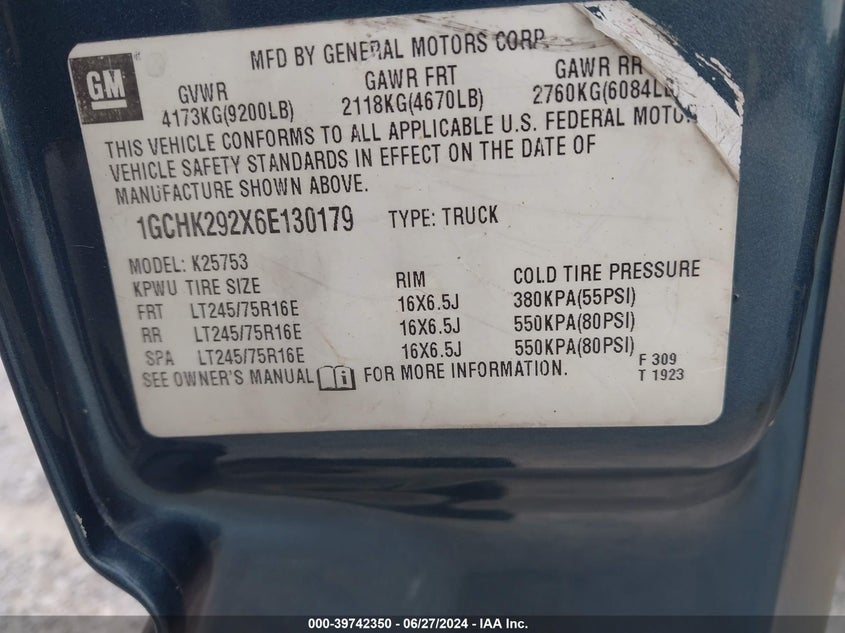 2006 Chevrolet Silverado 2500Hd K2500 Heavy Duty VIN: 1GCHK292X6E130179 Lot: 39742350
