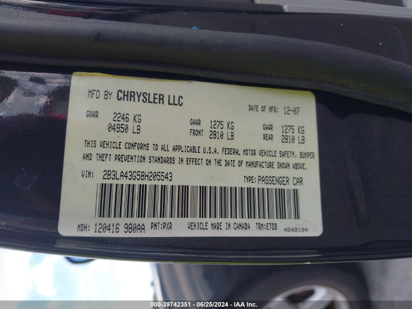 2008 Dodge Charger VIN: 2B3LA43G58H205543 Lot: 39742351