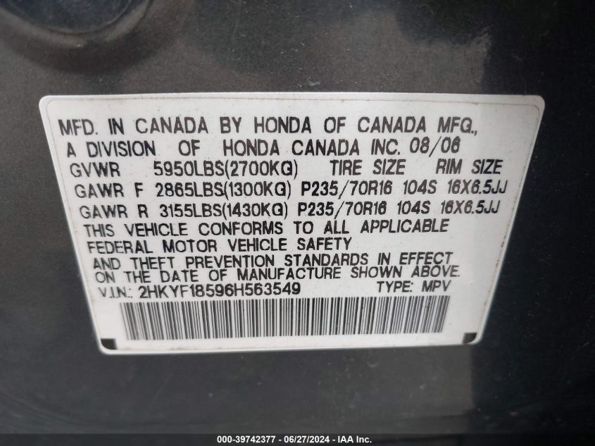 2006 Honda Pilot Ex-L VIN: 2HKYF18596H563549 Lot: 39742377