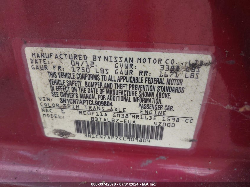 2012 Nissan Versa 1.6 Sv VIN: 3N1CN7AP7CL909804 Lot: 39742379