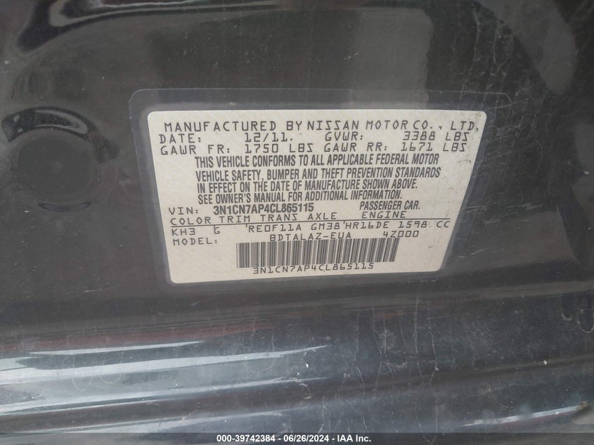 2012 Nissan Versa S/Sv/Sl VIN: 3N1CN7AP4CL865115 Lot: 39742384