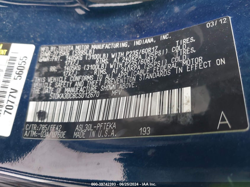 2012 Toyota Sienna Base 7 Passenger VIN: 5TDKA3DC8CS012670 Lot: 39742393