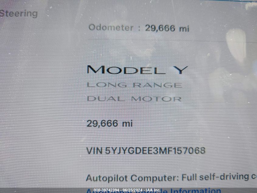 2021 Tesla Model Y Long Range Dual Motor All-Wheel Drive VIN: 5YJYGDEE3MF157068 Lot: 39742394