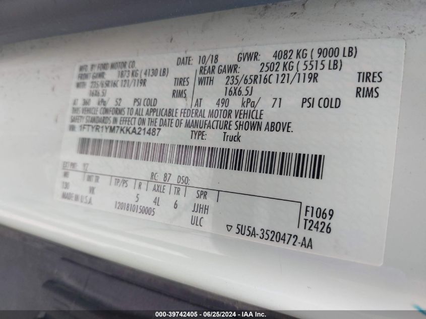 2019 Ford Transit-250 VIN: 1FTYR1YM7KKA21487 Lot: 39742405