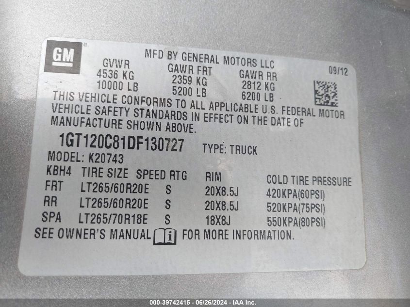 2013 GMC Sierra 2500Hd Sle VIN: 1GT120C81DF130727 Lot: 39742415