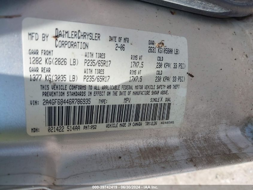 2006 Chrysler Pacifica Touring VIN: 2A4GF68446R786935 Lot: 39742419