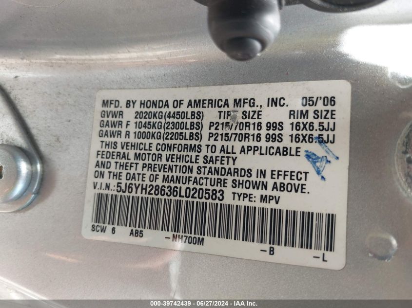 2006 Honda Element Ex VIN: 5J6YH28636L020583 Lot: 39742439