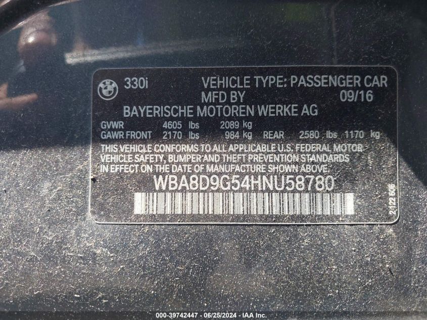 2017 BMW 330I xDrive VIN: WBA8D9G54HNU58780 Lot: 39742447