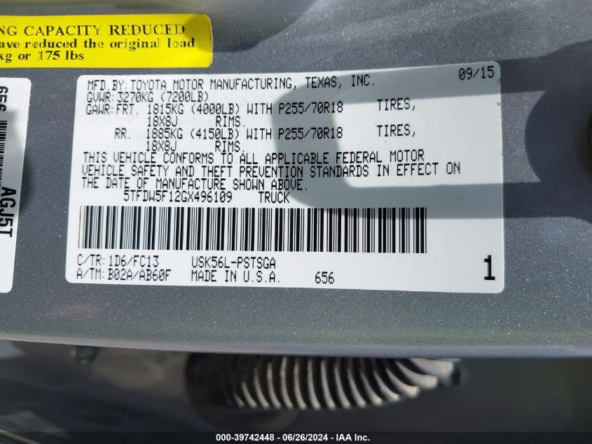 5TFDW5F12GX496109 2016 Toyota Tundra Sr5 5.7L V8