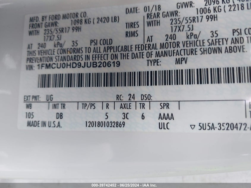 VIN 1FMCU0HD9JUB20619 2018 FORD ESCAPE SEL