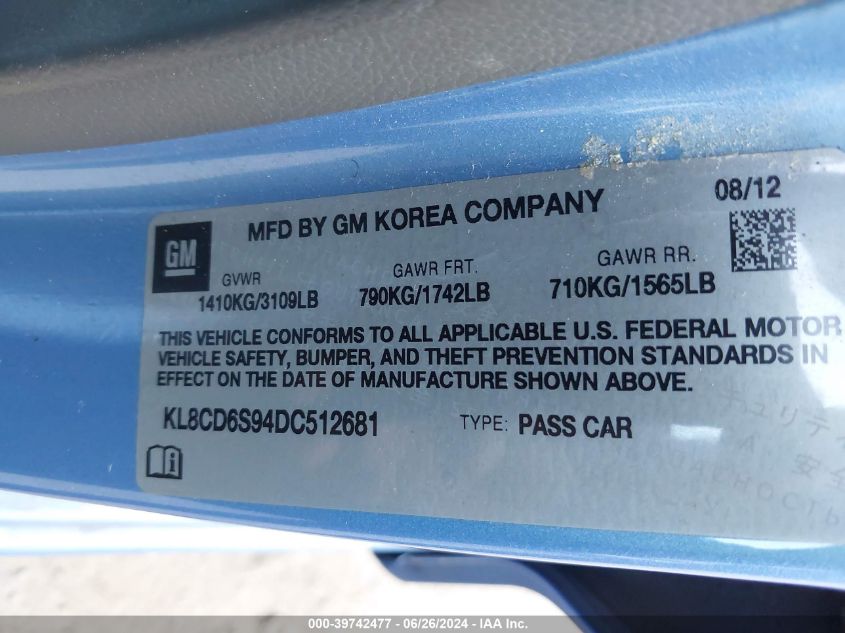 2013 Chevrolet Spark 1Lt Auto VIN: KL8CD6S94DC512681 Lot: 39742477