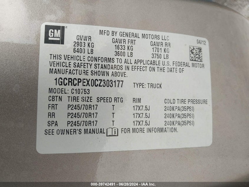 2012 Chevrolet Silverado 1500 Work Truck VIN: 1GCRCPEX0CZ303177 Lot: 39742491