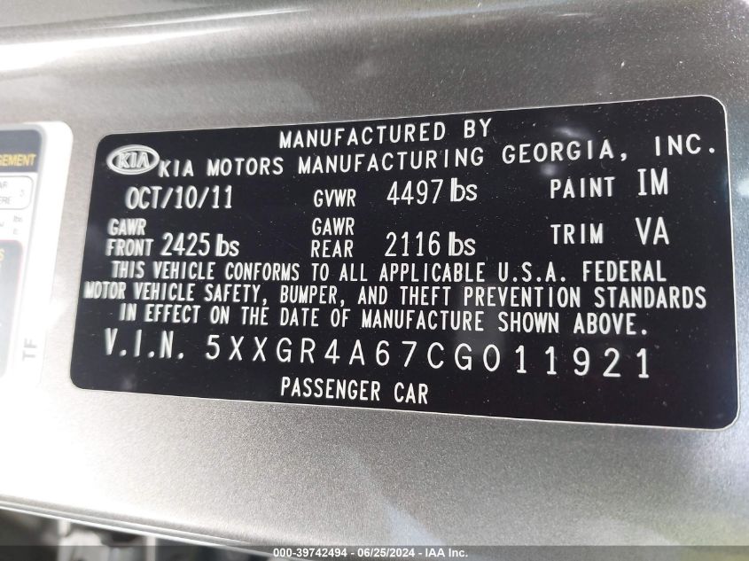 2012 Kia Optima Sx VIN: 5XXGR4A67CG011921 Lot: 39742494