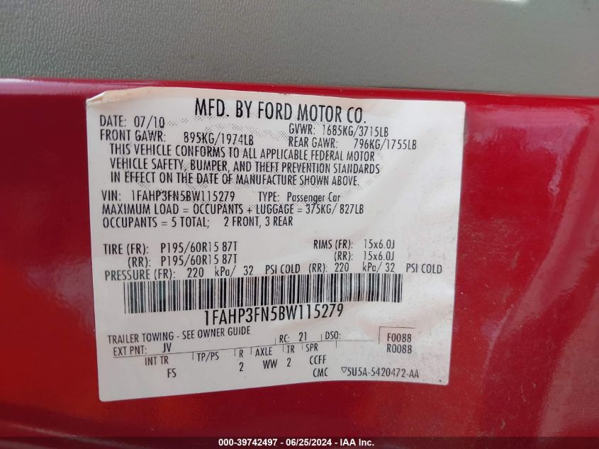 2011 Ford Focus Se VIN: 1FAHP3FN5BW115279 Lot: 39742497