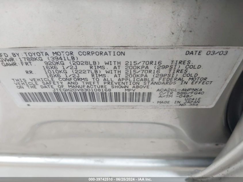 2003 Toyota Rav4 VIN: JTEGH20V830108168 Lot: 39742510