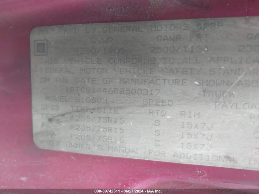 1994 GMC Sonoma VIN: 1GTCS1446R8500317 Lot: 39742511