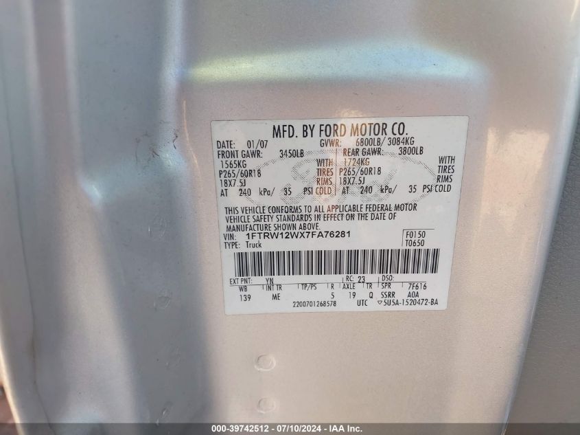 2007 Ford F-150 Xlt VIN: 1FTRW12WX7FA76281 Lot: 39742512