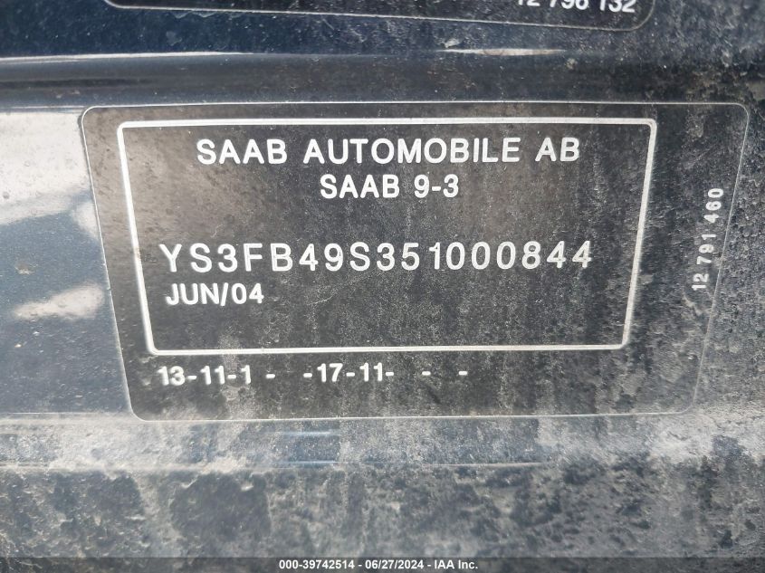 YS3FB49S351000844 | 2005 SAAB 9-3