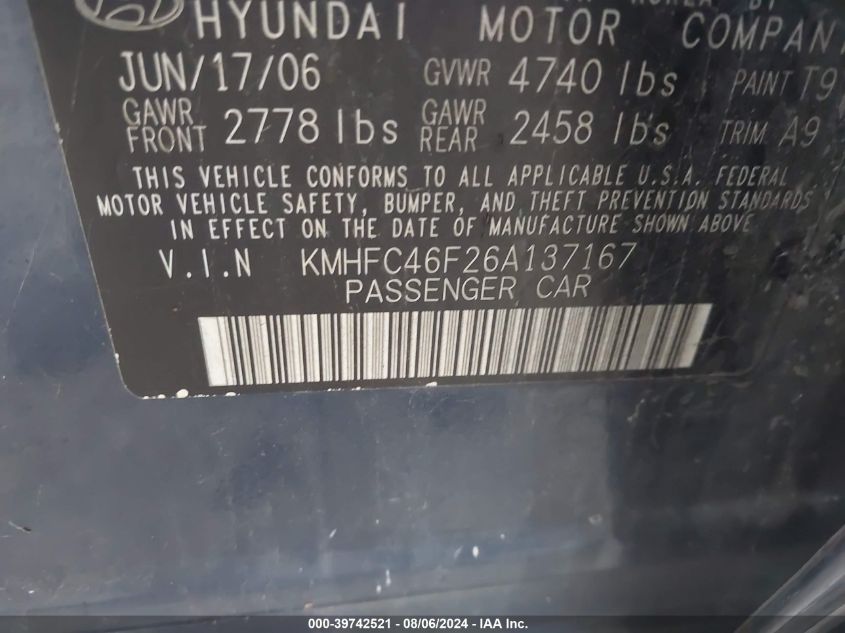 KMHFC46F26A 2006 Hyundai Azera Se/Limited