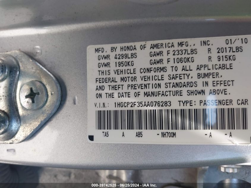 2010 Honda Accord 2.4 Lx VIN: 1HGCP2F35AA076283 Lot: 39742525