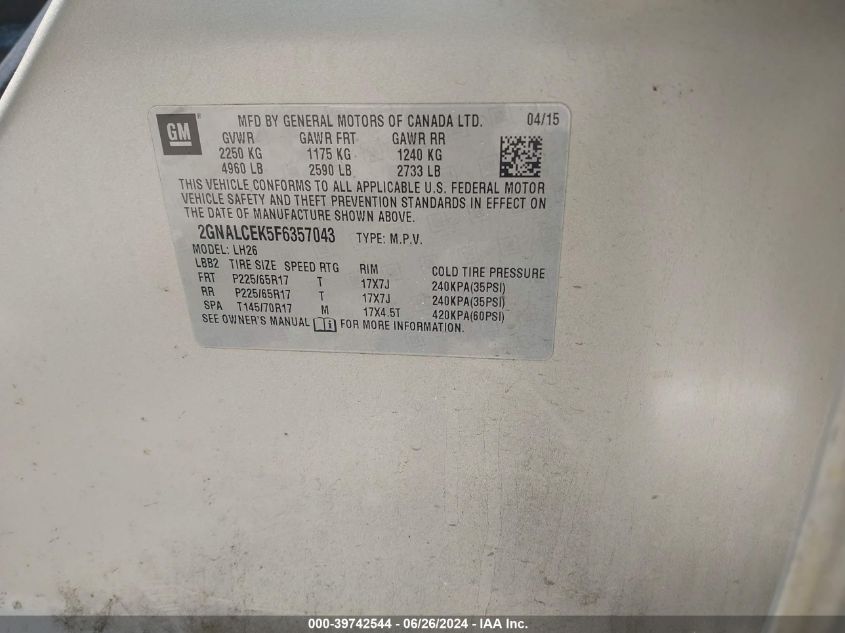 2015 Chevrolet Equinox Lt VIN: 2GNALCEK5F6357043 Lot: 39742544