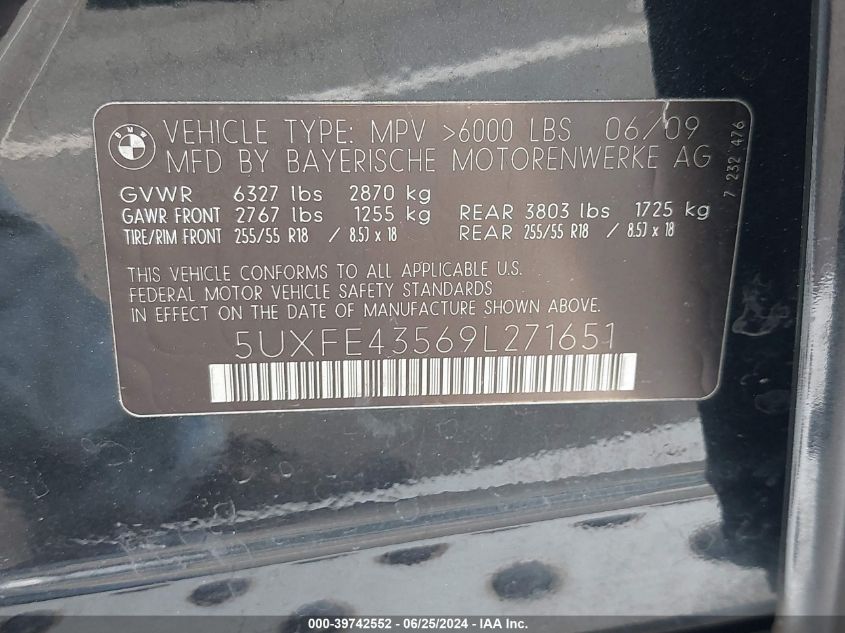 2009 BMW X5 xDrive30I VIN: 5UXFE43569L271651 Lot: 39742552