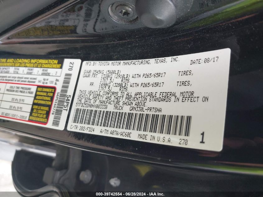 2017 Toyota Tacoma Trd Sport VIN: 5TFBZ5DN0HX003338 Lot: 39742554