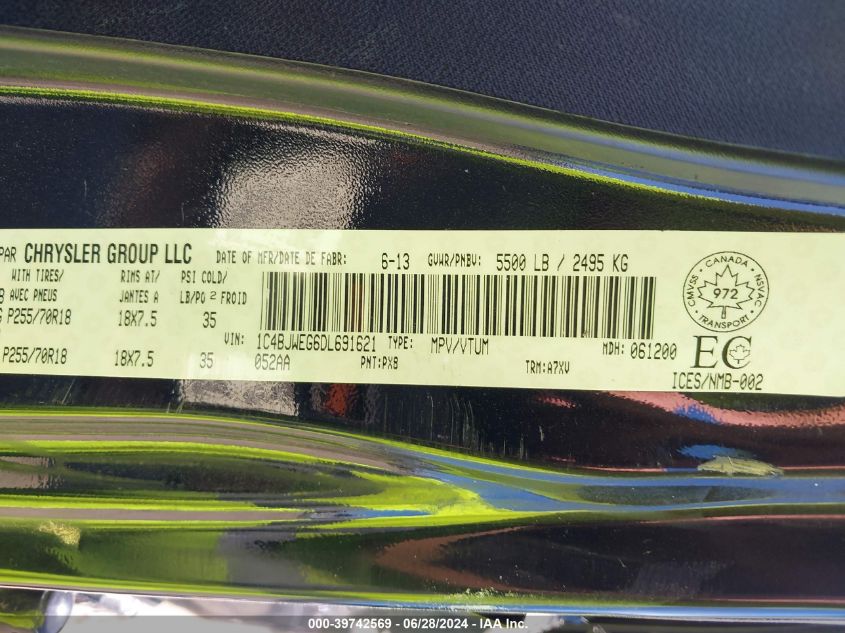 2013 Jeep Wrangler Unlimited Sahara VIN: 1C4BJWEG6DL691621 Lot: 39742569