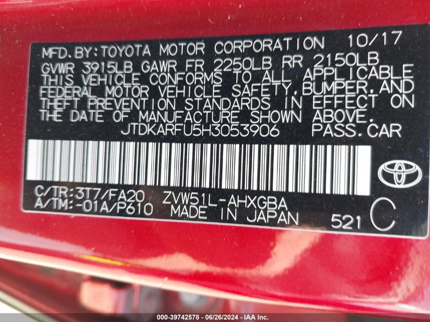 2017 Toyota Prius Three VIN: JTDKARFU5H3053906 Lot: 39742578