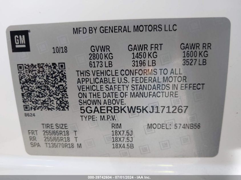 2019 Buick Enclave Fwd Essence VIN: 5GAERBKW5KJ171267 Lot: 39742604