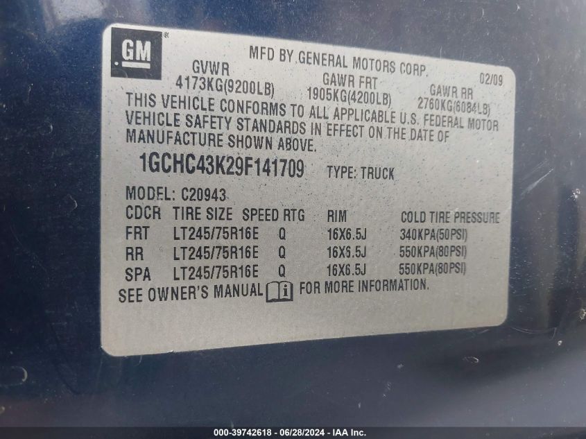2009 Chevrolet Silverado 2500Hd Work Truck VIN: 1GCHC43K29F141709 Lot: 39742618