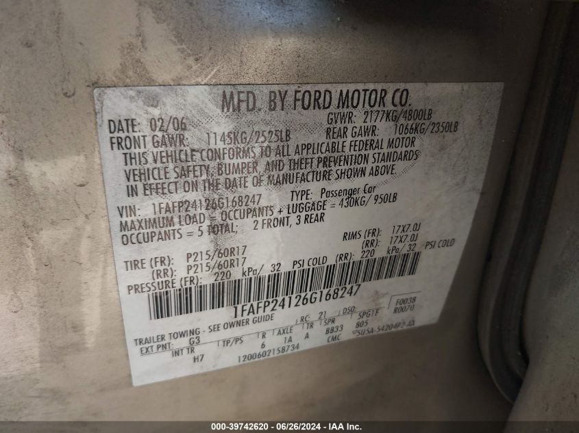 1FAFP24126G168247 2006 Ford Five Hundred Sel