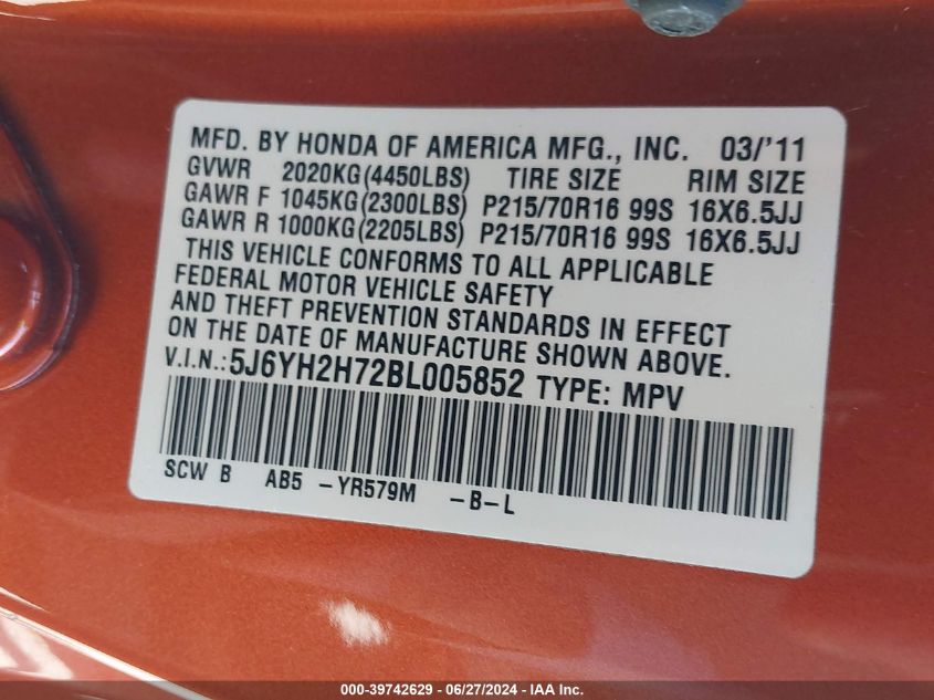 2011 Honda Element Ex VIN: 5J6YH2H72BL005852 Lot: 39742629