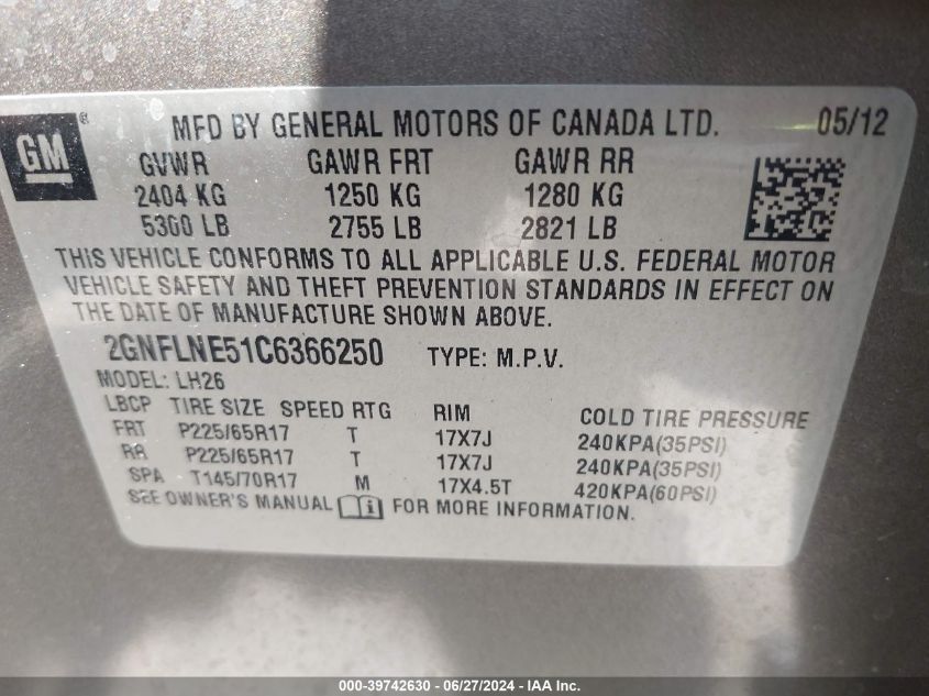 2012 Chevrolet Equinox 2Lt VIN: 2GNFLNE51C6366250 Lot: 39742630