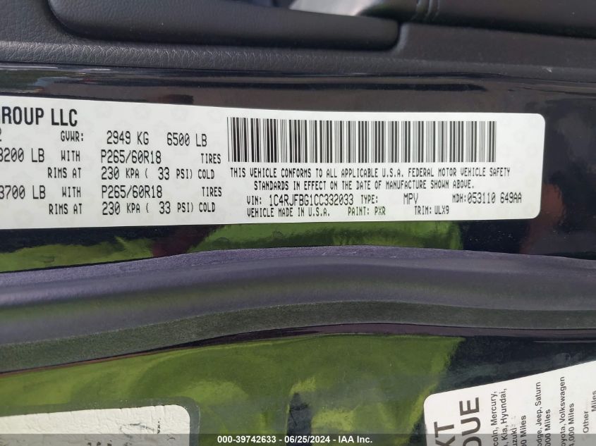 2012 Jeep Grand Cherokee Limited VIN: 1C4RJFBG1CC332033 Lot: 39742633