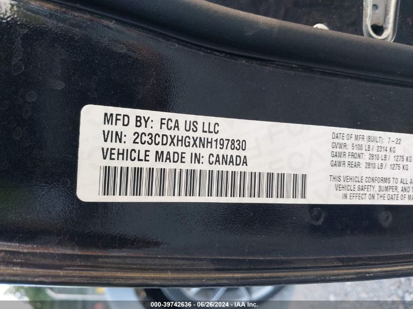 2022 Dodge Charger Gt VIN: 2C3CDXHGXNH197830 Lot: 39742636