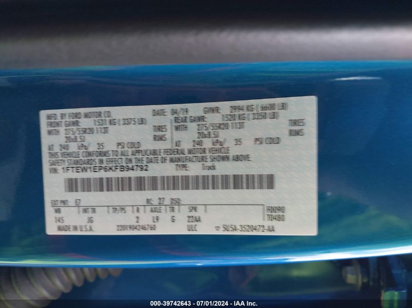 2019 Ford F-150 Xl VIN: 1FTEW1EP6KFB94792 Lot: 39742643