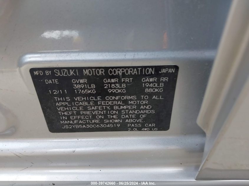 2012 Suzuki Sx4 Premium/Tech Valu Pkg (Nav) VIN: JS2YB5A30C6304519 Lot: 39742660