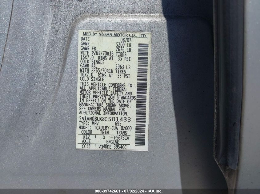 2008 Nissan Xterra S VIN: 5N1AN08UX8C501433 Lot: 39742661