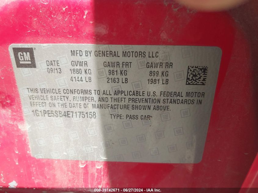 2014 Chevrolet Cruze 2Lt Auto VIN: 1G1PE5SB4E7175158 Lot: 39742671