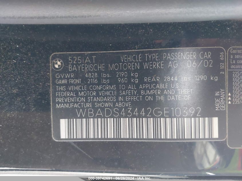 2002 BMW 525Ita VIN: WBADS43442GE10392 Lot: 39742691