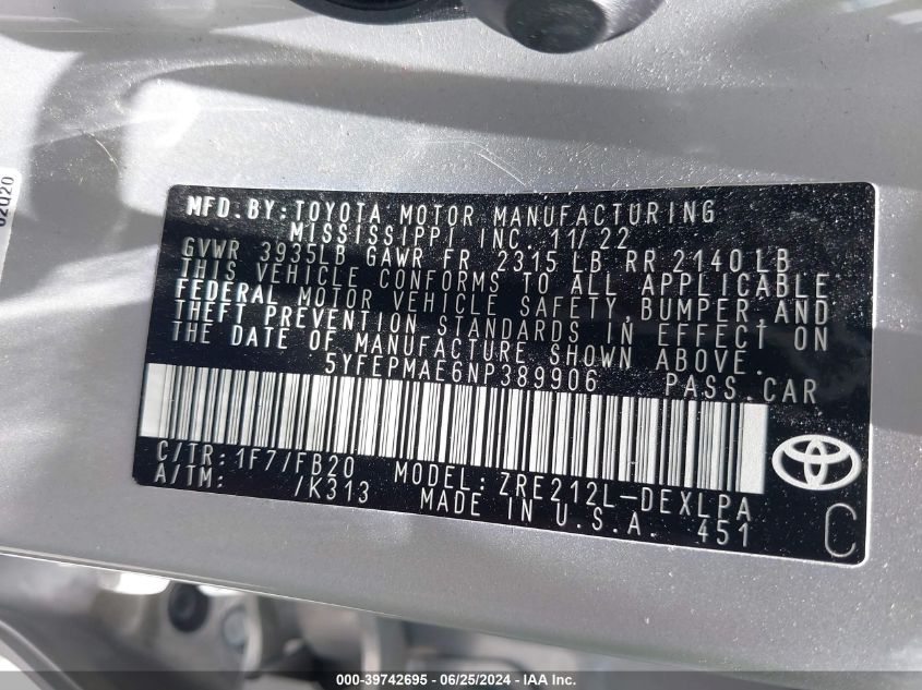 5YFEPMAE6NP389906 2022 Toyota Corolla Le