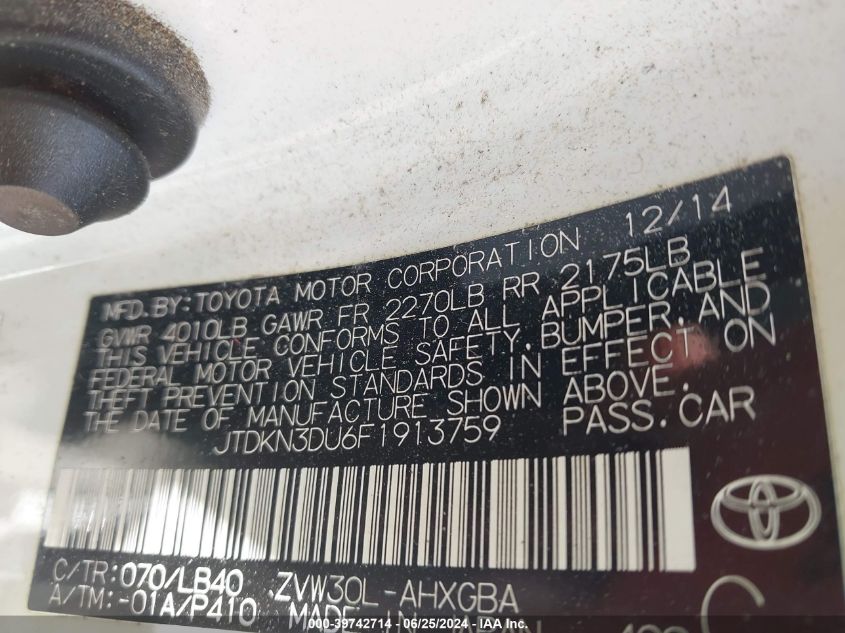 2015 Toyota Prius Four VIN: JTDKN3DU6F1913759 Lot: 39742714