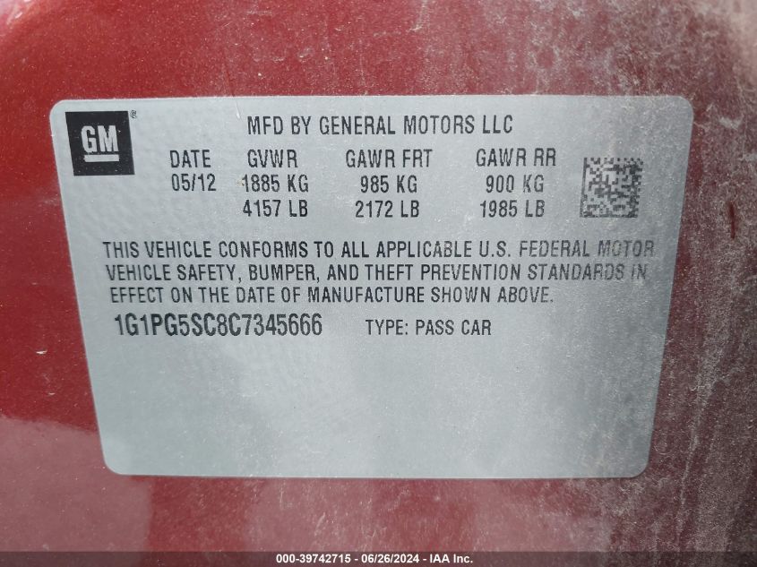 2012 Chevrolet Cruze Lt VIN: 1G1PG5SC8C7345666 Lot: 39742715