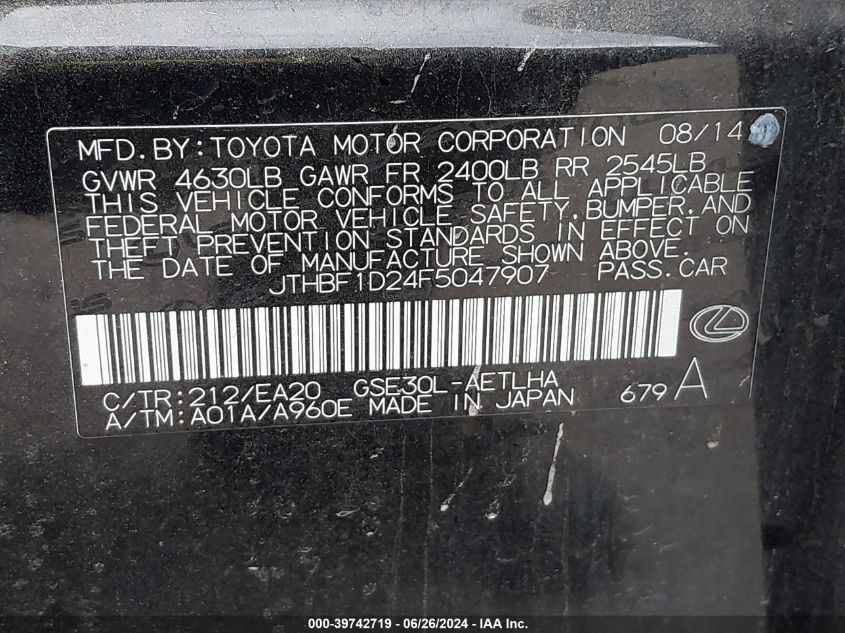 2015 Lexus Is 250 250 VIN: JTHBF1D24F5047907 Lot: 39742719