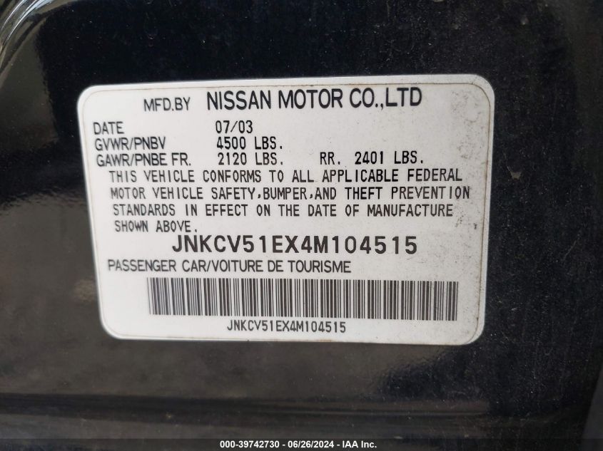 2004 Infiniti G35 VIN: JNKCV51EX4M104515 Lot: 39742730