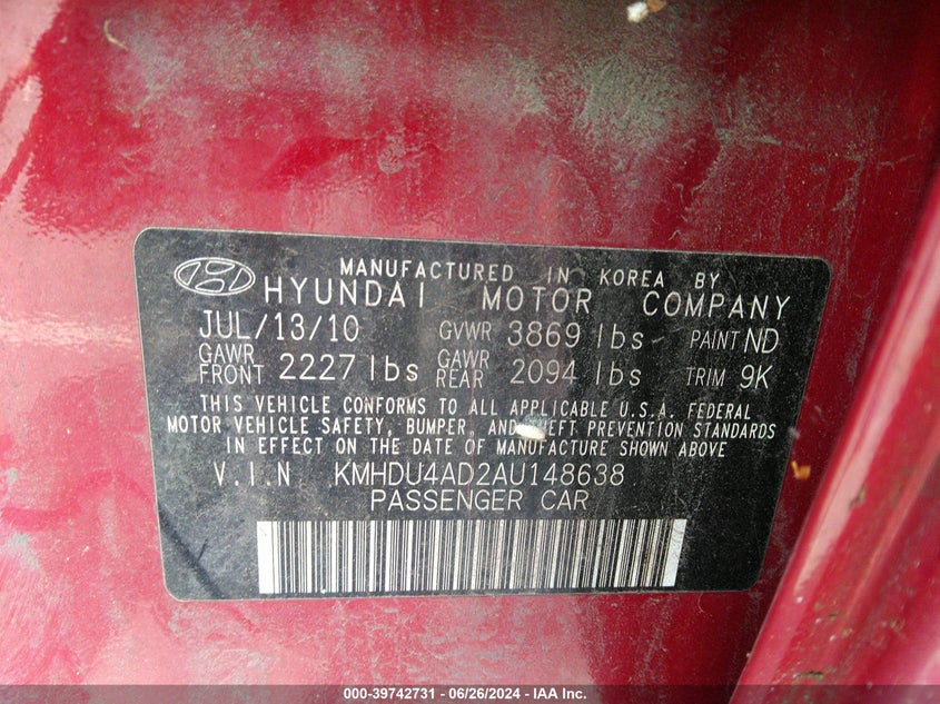 KMHDU4AD2AU148638 2010 Hyundai Elantra Gls